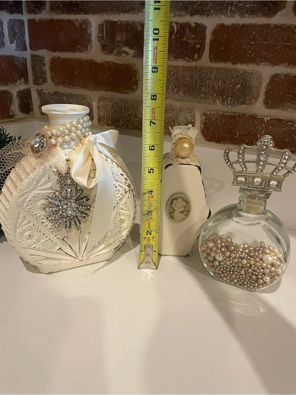 Decorative Cream Glass Bottles Set with Pearl and Crown Accents - Picture 2 of 3